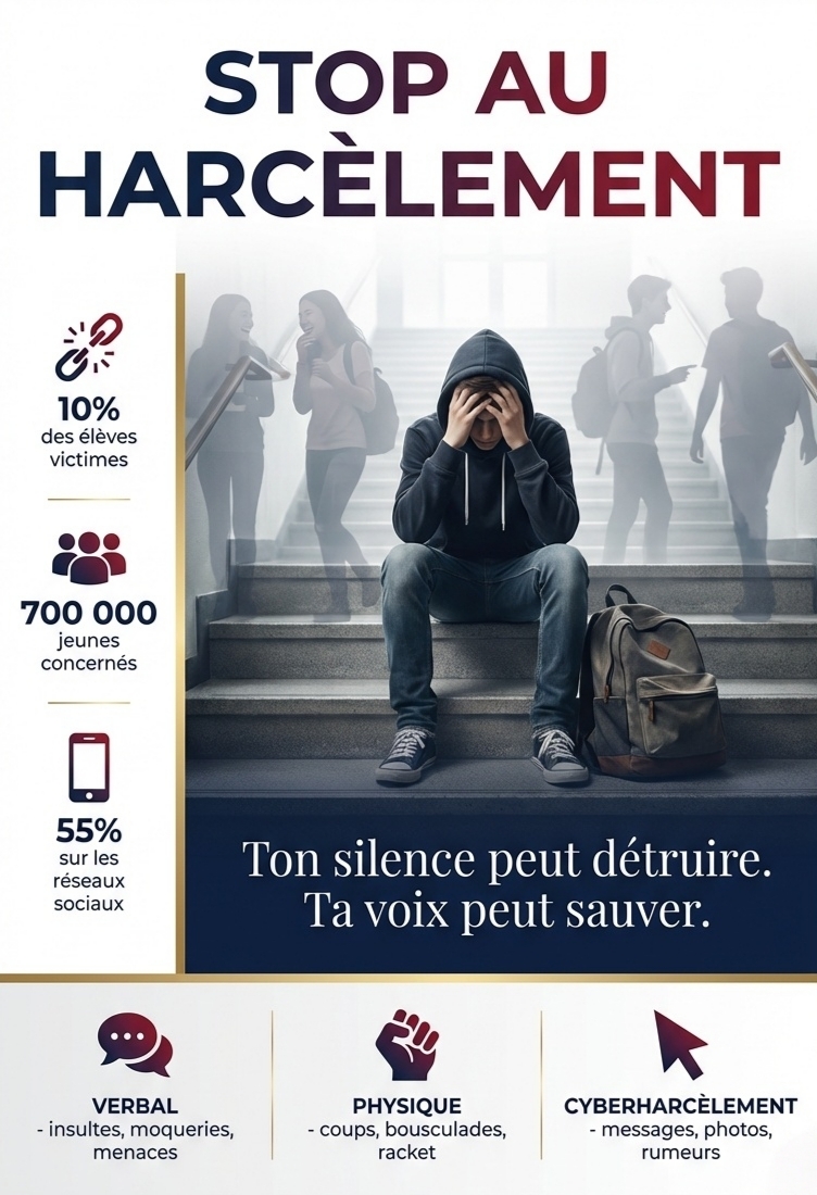 Affiche de sensibilisation contre le harcèlement scolaire campagne Stop-H — ressource gratuite pour élèves et établissements