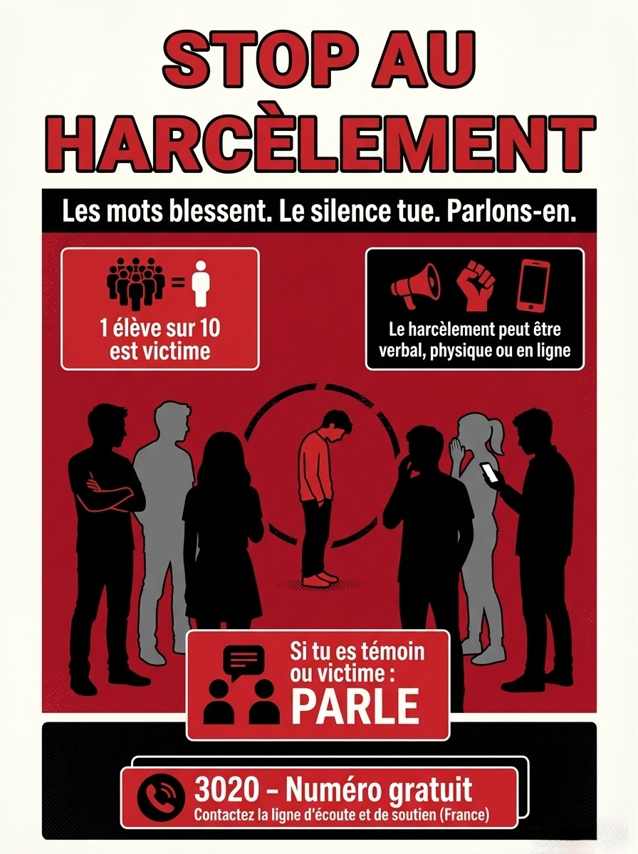 Affiche prévention du cyberharcèlement et des réseaux sociaux — aide aux victimes, ressource Stop-H France & Maroc